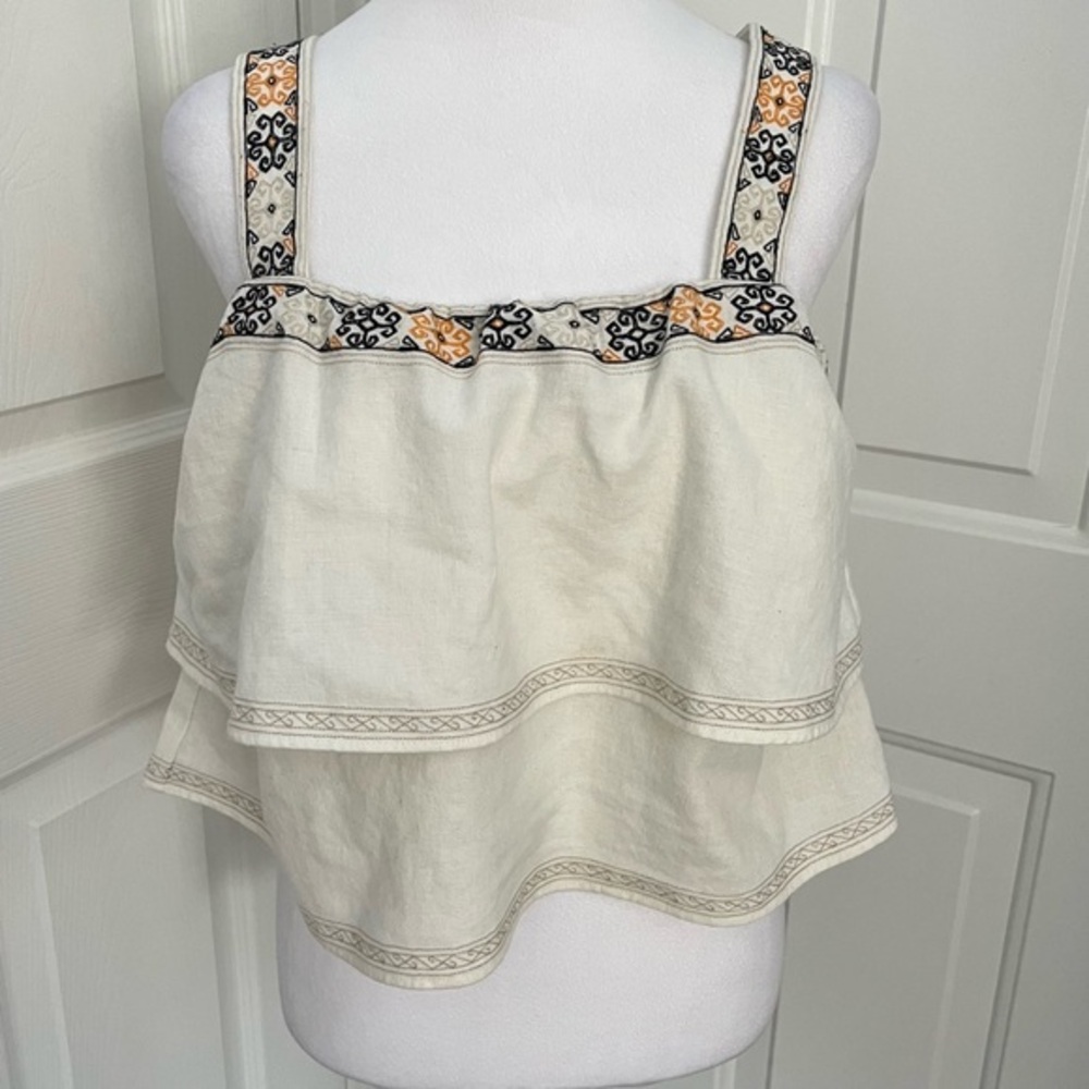 Madewell Linen Blend Cropped Embroidered Tiered Anita Smock Top Small White‎ Y2K